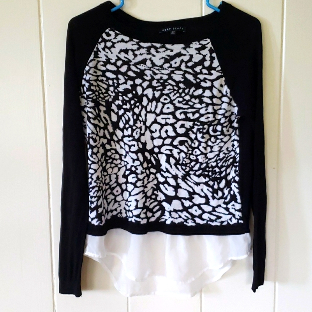 Como Black Womens Long Sleeve Knit Animal Print w Lace Hem size L.